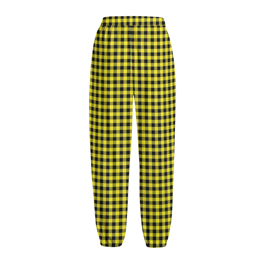 Yellow And Black Check Pattern Print Fleece Lined Knit Pants