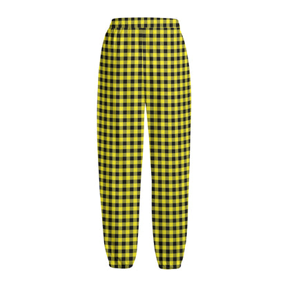 Yellow And Black Check Pattern Print Fleece Lined Knit Pants