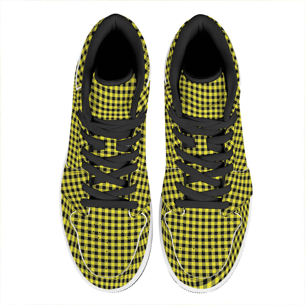 Yellow And Black Check Pattern Print High Top Leather Sneakers