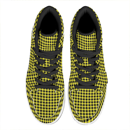 Yellow And Black Check Pattern Print High Top Leather Sneakers
