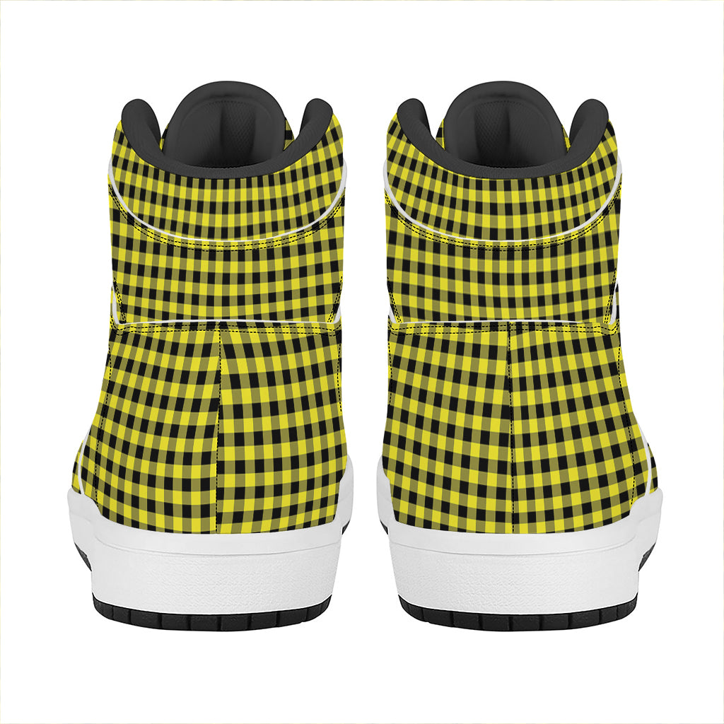 Yellow And Black Check Pattern Print High Top Leather Sneakers