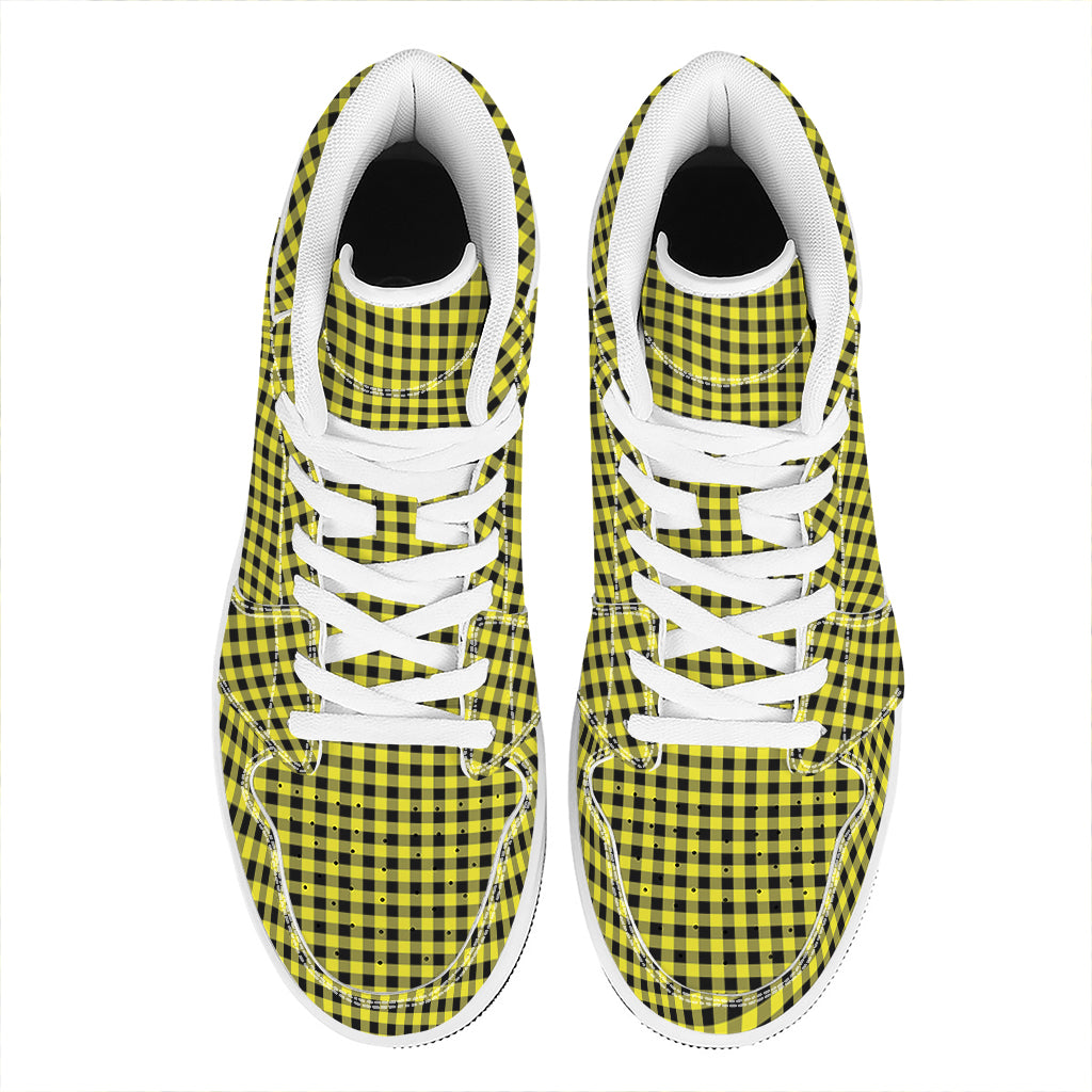 Yellow And Black Check Pattern Print High Top Leather Sneakers
