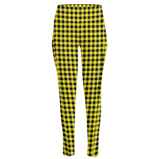Yellow And Black Check Pattern Print High-Waisted Pocket Leggings