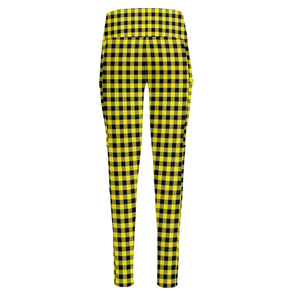 Yellow And Black Check Pattern Print High-Waisted Pocket Leggings
