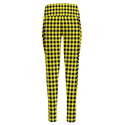 Yellow And Black Check Pattern Print High-Waisted Pocket Leggings