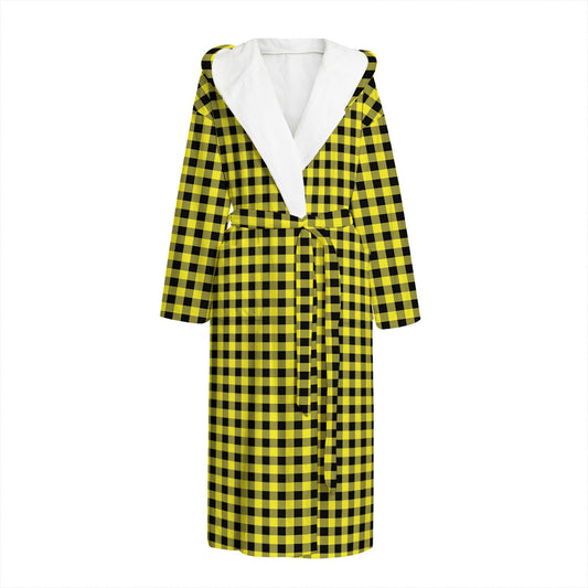 Yellow And Black Check Pattern Print Hooded Bathrobe