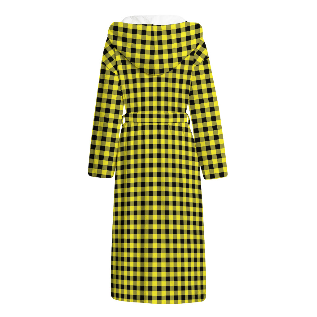 Yellow And Black Check Pattern Print Hooded Bathrobe