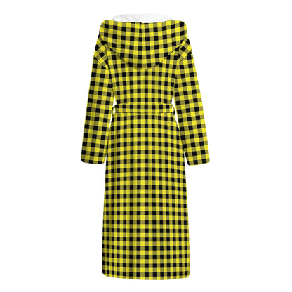 Yellow And Black Check Pattern Print Hooded Bathrobe