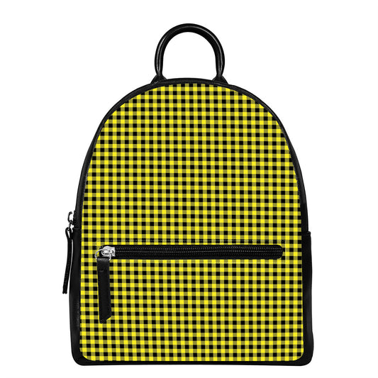 Yellow And Black Check Pattern Print Leather Backpack