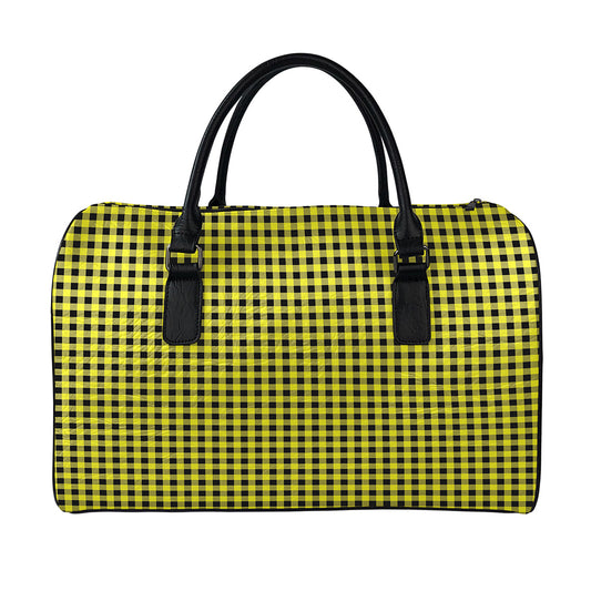 Yellow And Black Check Pattern Print Leather Duffle Bag