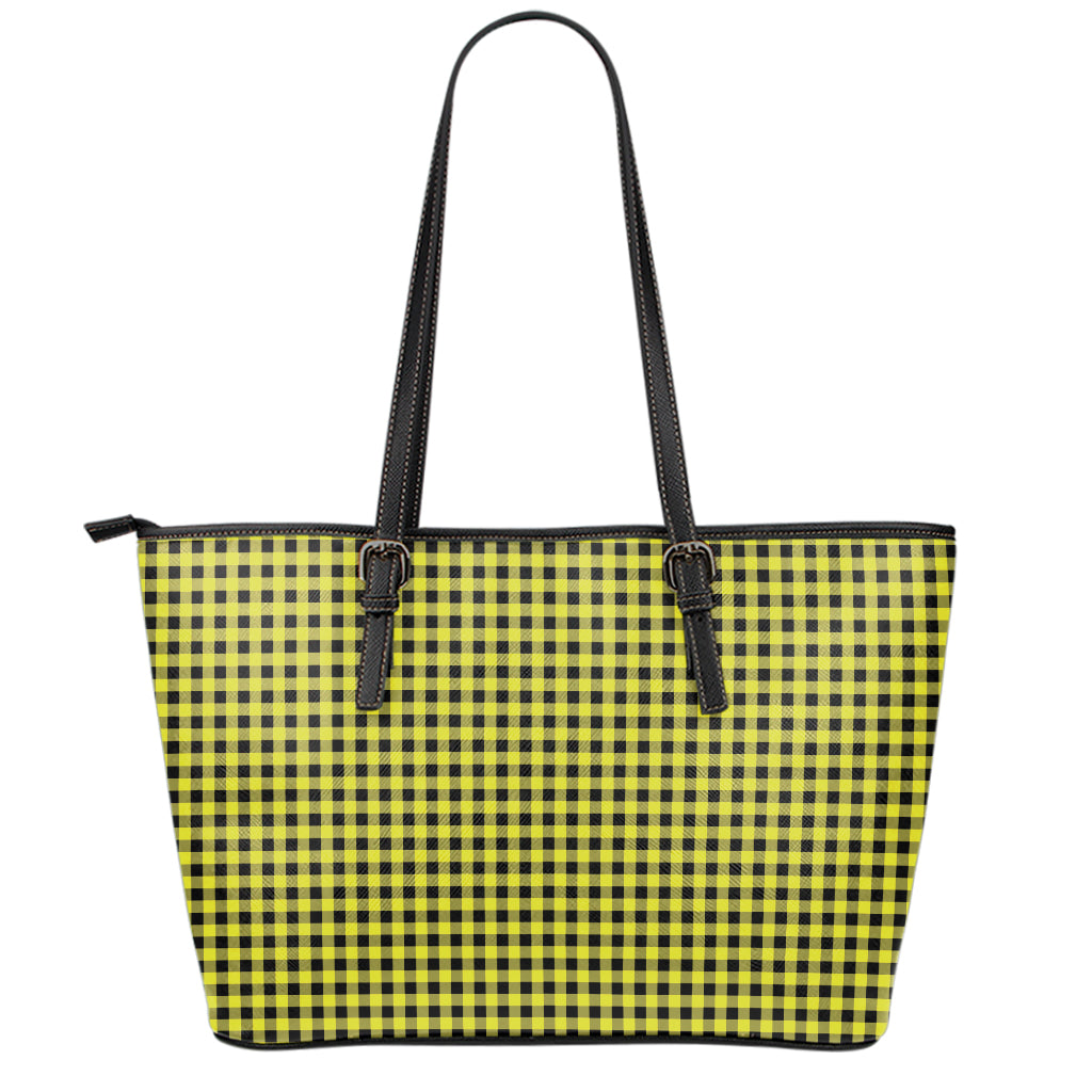 Yellow And Black Check Pattern Print Leather Tote Bag