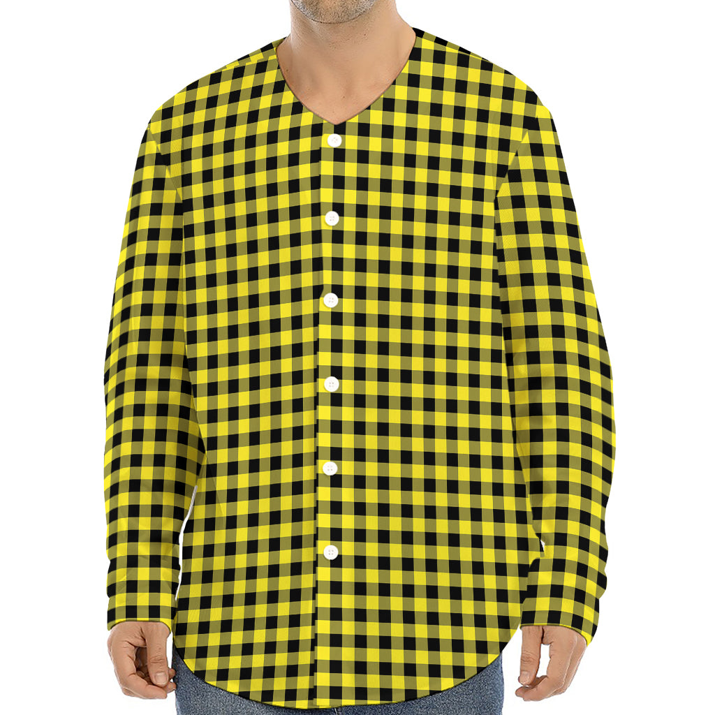 Yellow And Black Check Pattern Print Long Sleeve Baseball Jersey