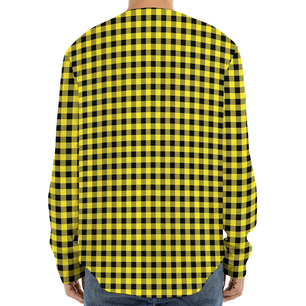 Yellow And Black Check Pattern Print Long Sleeve Baseball Jersey