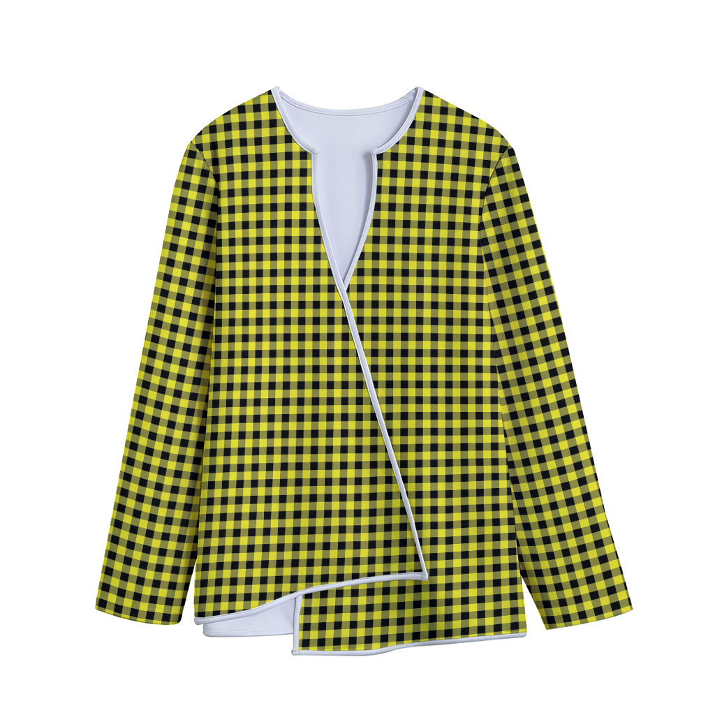 Yellow And Black Check Pattern Print Long Sleeve Short Coat