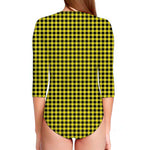 Yellow And Black Check Pattern Print Long Sleeve Swimsuit