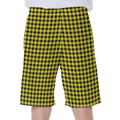 Yellow And Black Check Pattern Print Men's Beach Shorts