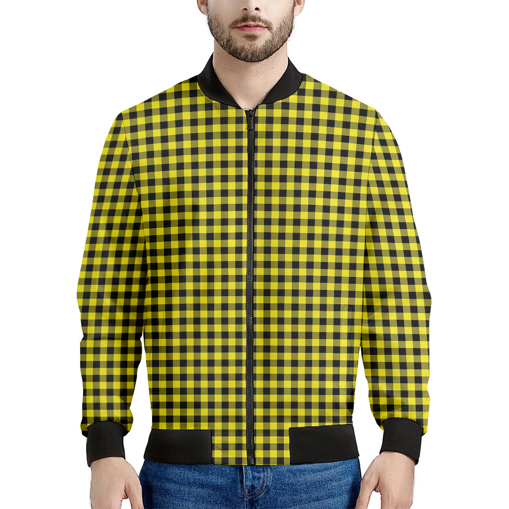 Yellow And Black Check Pattern Print Men's Bomber Jacket