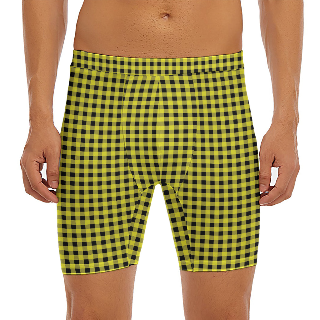 Yellow And Black Check Pattern Print Men's Long Boxer Briefs