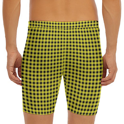 Yellow And Black Check Pattern Print Men's Long Boxer Briefs