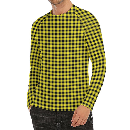Yellow And Black Check Pattern Print Men's Long Sleeve Rash Guard