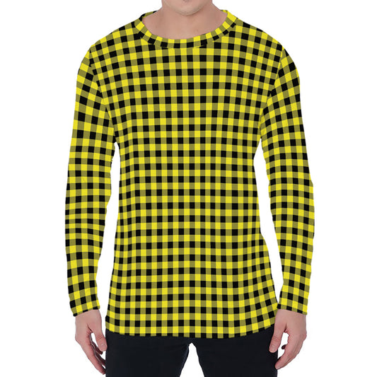 Yellow And Black Check Pattern Print Men's Long Sleeve T-Shirt
