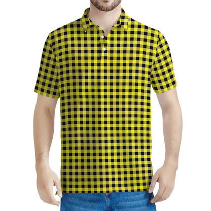 Yellow And Black Check Pattern Print Men's Polo Shirt