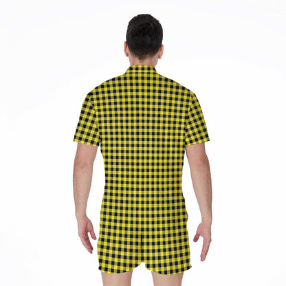 Yellow And Black Check Pattern Print Men's Rompers