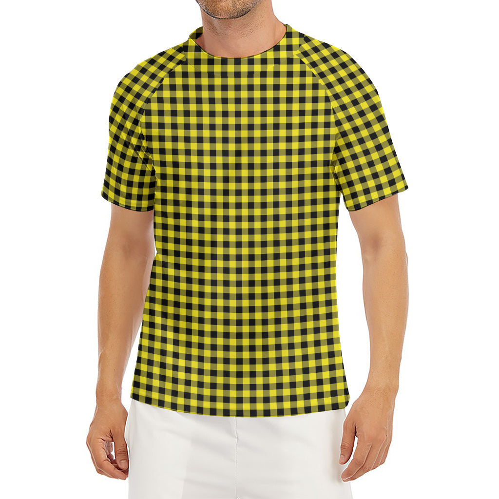 Yellow And Black Check Pattern Print Men's Short Sleeve Rash Guard