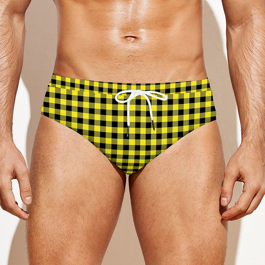Yellow And Black Check Pattern Print Men's Swim Briefs