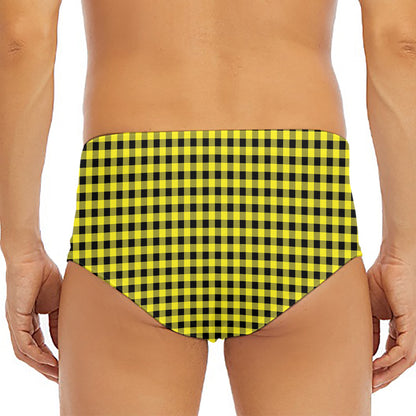 Yellow And Black Check Pattern Print Men's Triangle Swim Briefs
