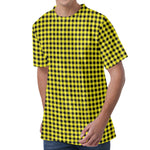 Yellow And Black Check Pattern Print Men's Velvet T-Shirt
