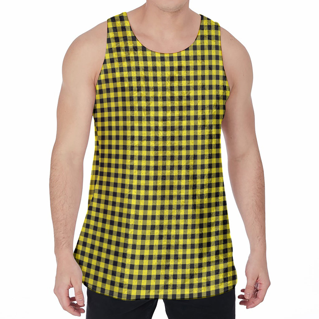 Yellow And Black Check Pattern Print Men's Velvet Tank Top