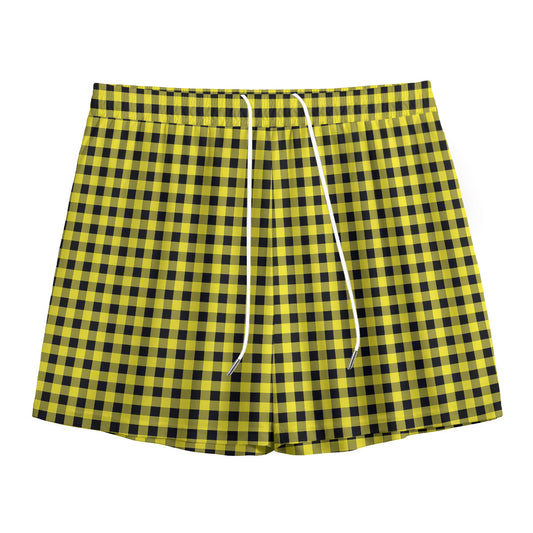 Yellow And Black Check Pattern Print Mesh Shorts