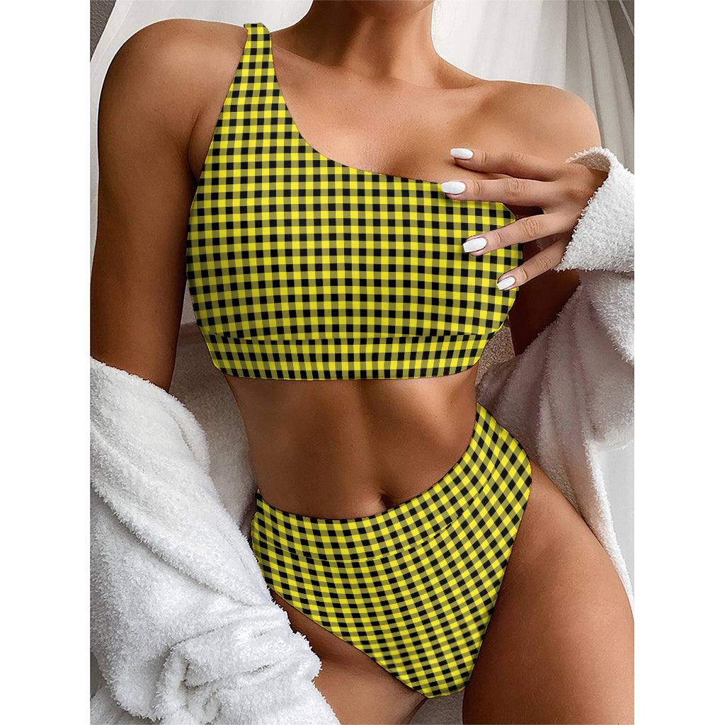 Yellow And Black Check Pattern Print One Shoulder Bikini Top
