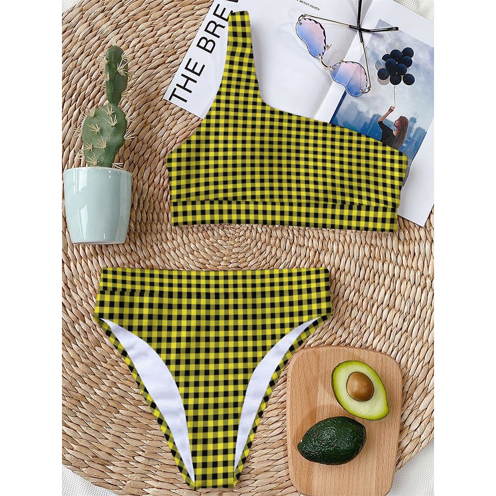 Yellow And Black Check Pattern Print One Shoulder Bikini Top