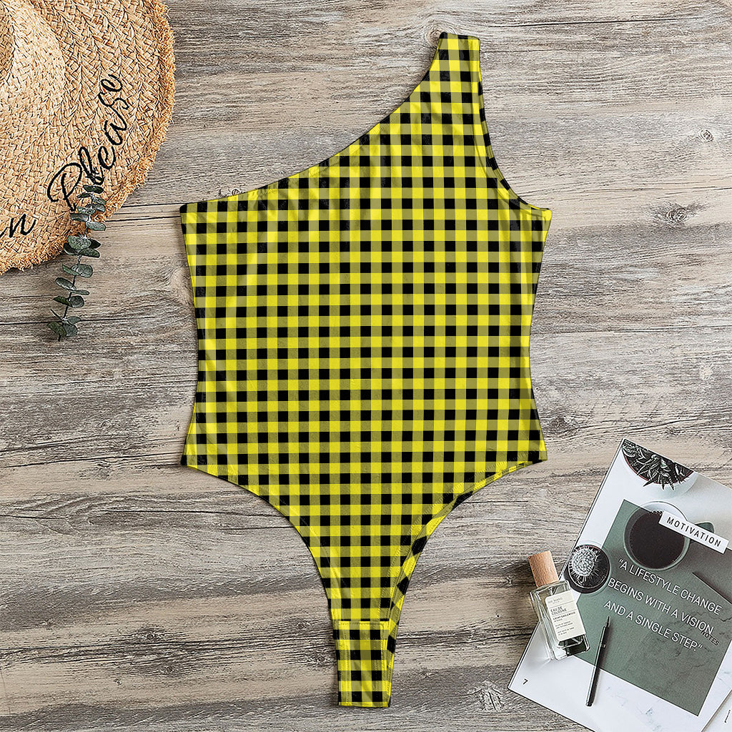 Yellow And Black Check Pattern Print One Shoulder Bodysuit