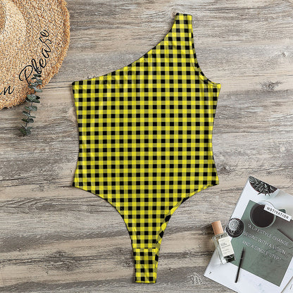 Yellow And Black Check Pattern Print One Shoulder Bodysuit