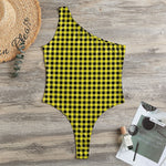 Yellow And Black Check Pattern Print One Shoulder Bodysuit