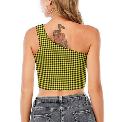 Yellow And Black Check Pattern Print One Shoulder Crop Top
