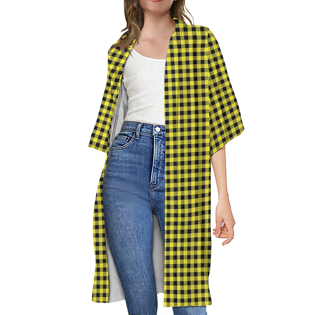 Yellow And Black Check Pattern Print Open Front Beach Cover Up