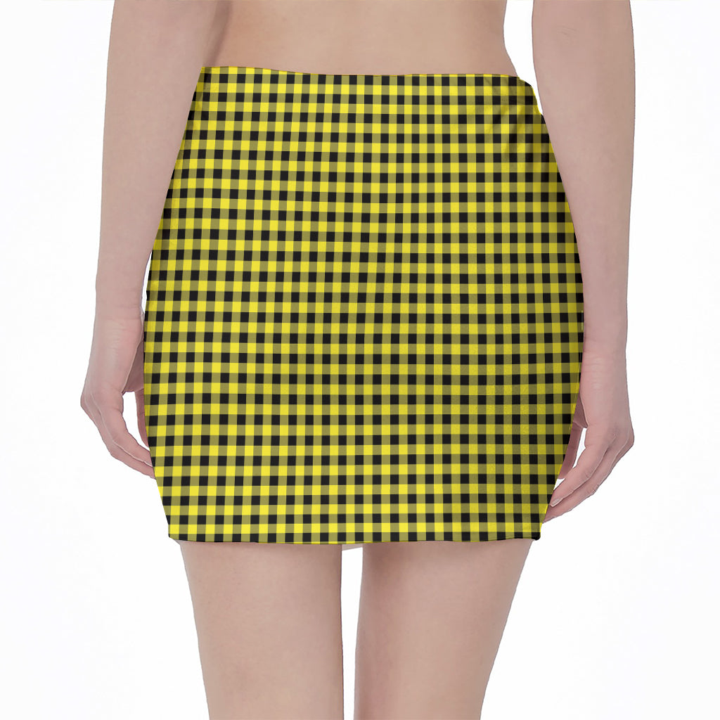 Yellow And Black Check Pattern Print Pencil Mini Skirt