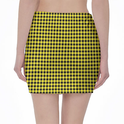 Yellow And Black Check Pattern Print Pencil Mini Skirt
