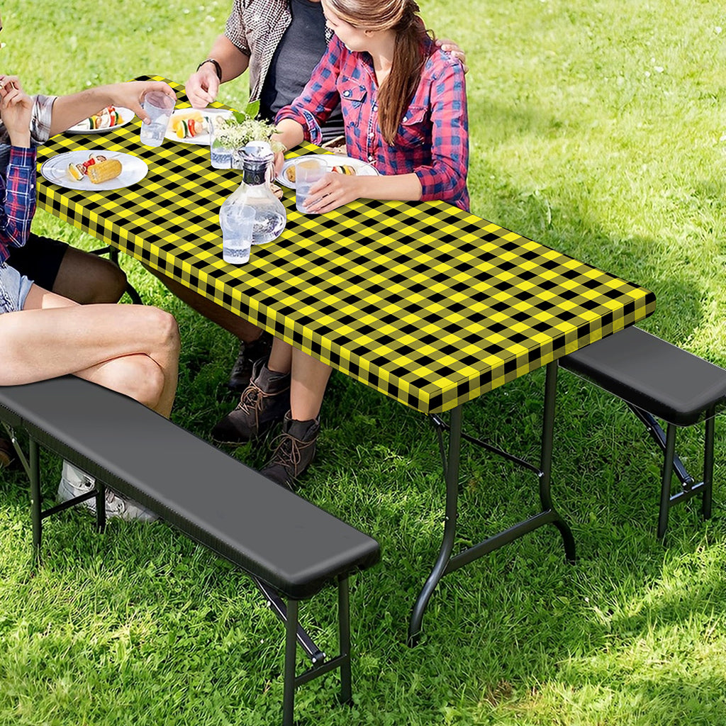 Yellow And Black Check Pattern Print Picnic Table Cover