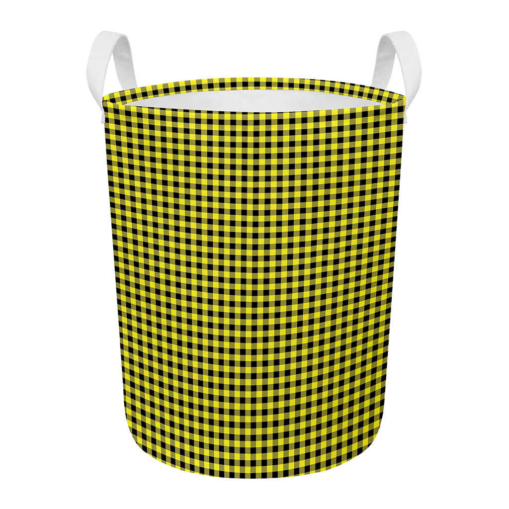Yellow And Black Check Pattern Print Round Laundry Basket