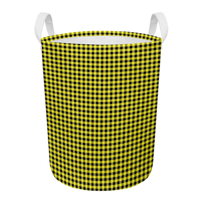 Yellow And Black Check Pattern Print Round Laundry Basket