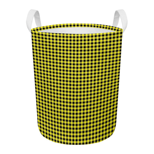 Yellow And Black Check Pattern Print Round Laundry Basket