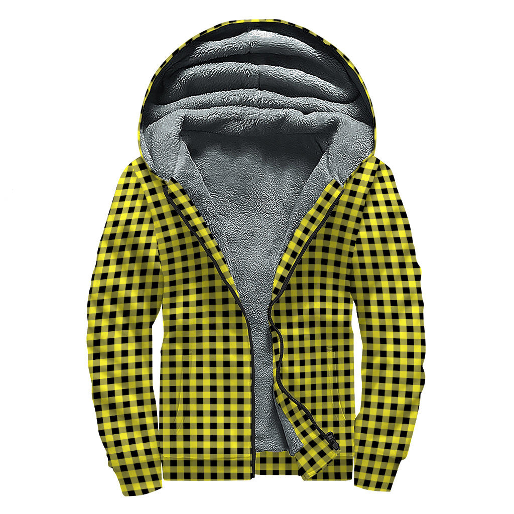 Yellow And Black Check Pattern Print Sherpa Lined Zip Up Hoodie
