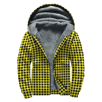 Yellow And Black Check Pattern Print Sherpa Lined Zip Up Hoodie
