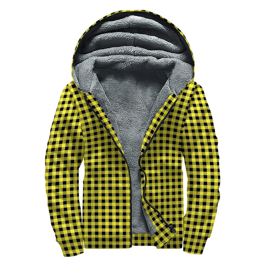 Yellow And Black Check Pattern Print Sherpa Lined Zip Up Hoodie