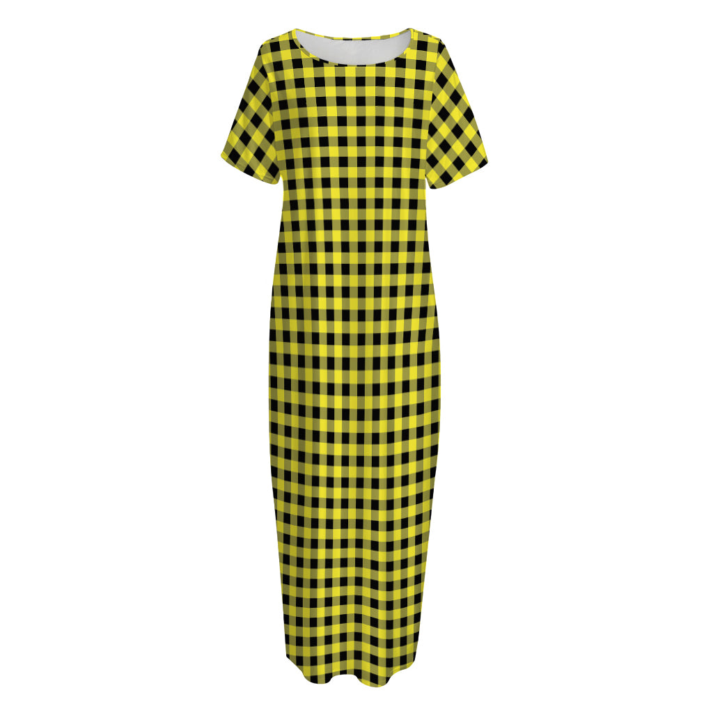 Yellow And Black Check Pattern Print Short Sleeve Long Nightdress